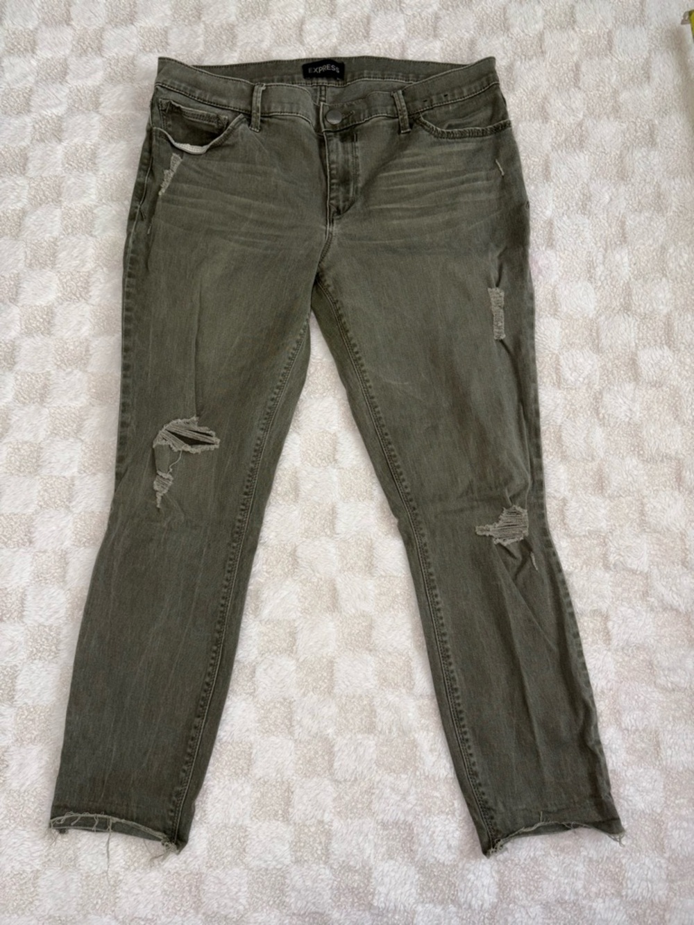 Express Olive Green Distressed Ankle Length Skinny Jeans for Women • Size 12